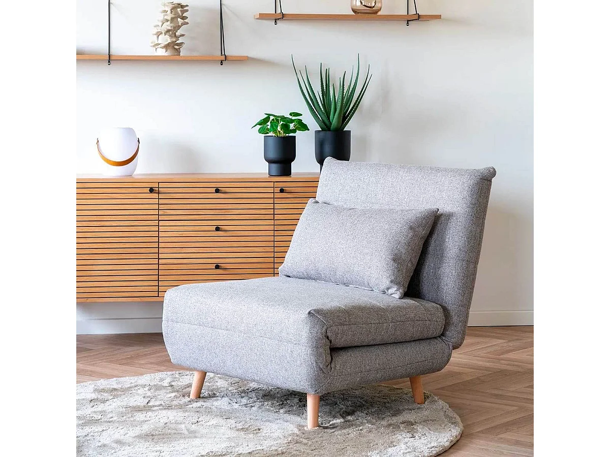 BREWEN - Chauffeuse 1 Place Convertible Tissu Gris Chiné avec Coussin