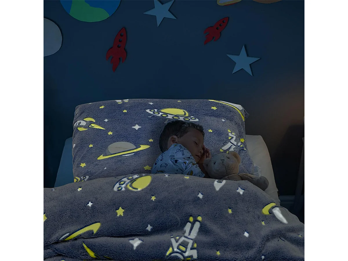 Parure de Lit Phosphorescente 140x200cm Bleue Motifs Spaciaux - WOLOWITZ