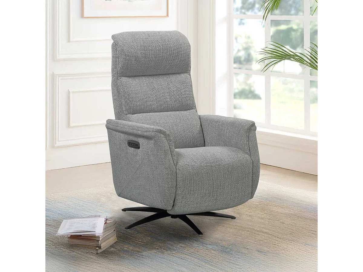 Fauteuil relax électrique pivotant tri-moteur tissu croisé gris graphite réglable en hauteur - JOHNY