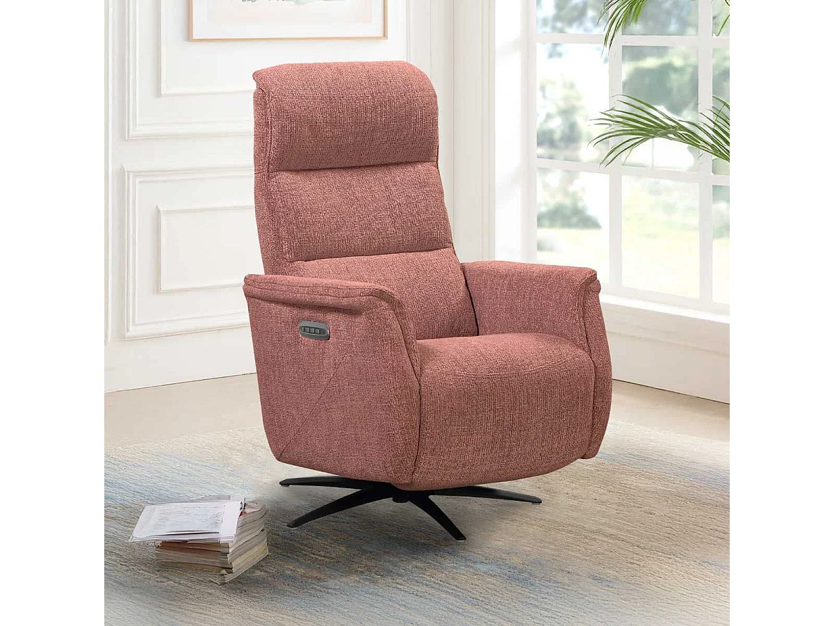 Fauteuil relax électrique pivotant tri-moteur tissu croisé brique réglable en hauteur - JOHNY