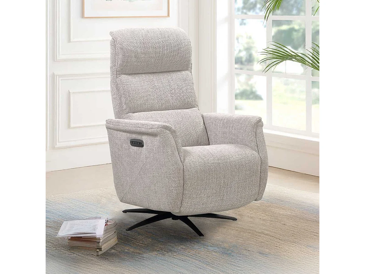 Fauteuil relax électrique pivotant tri-moteur tissu croisé naturel réglable en hauteur - JOHNY