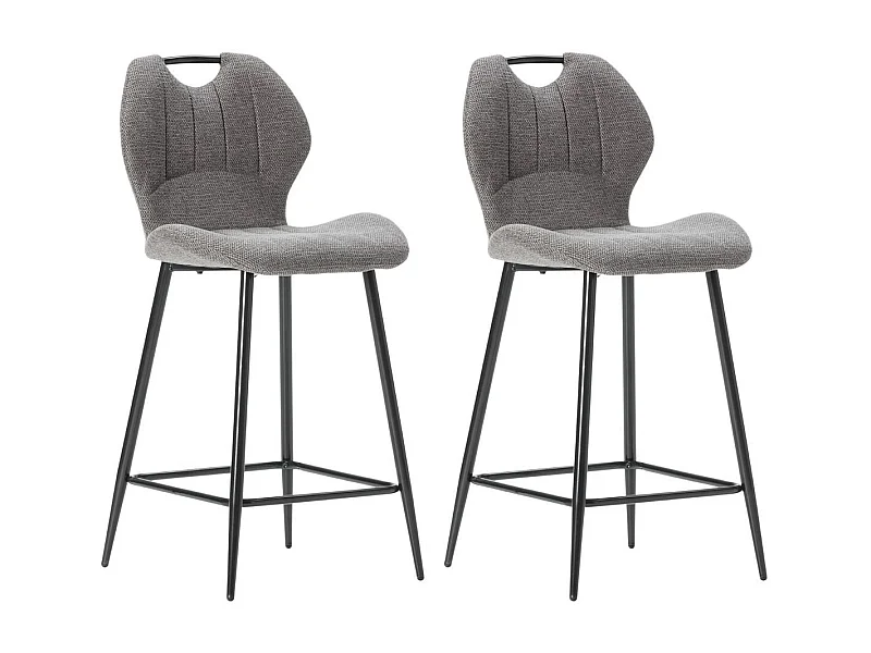 Lot de 2 tabourets de bar en tissu polyester maillé gris avec poignée et pieds en métal laqué noir - MILDA