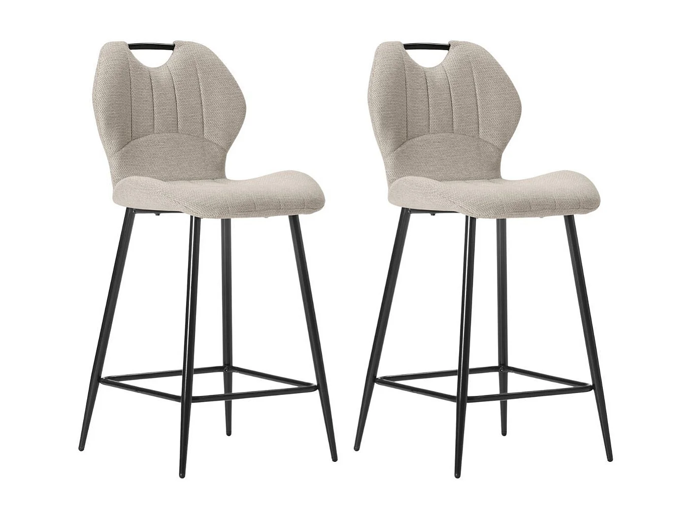 Lot de 2 tabourets de bar en tissu polyester maillé beige avec poignée et pieds en métal laqué noir - MILDA