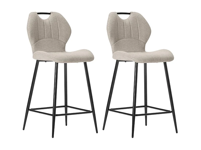 Lot de 2 tabourets de bar en tissu polyester maillé beige avec poignée et pieds en métal laqué noir - MILDA