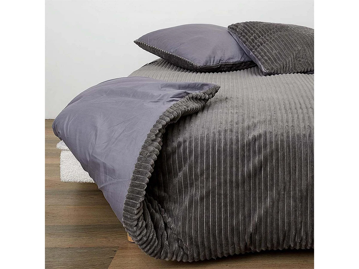 Parure de Lit 220x240cm Côtelée Gris Anthracite - COSYHOME