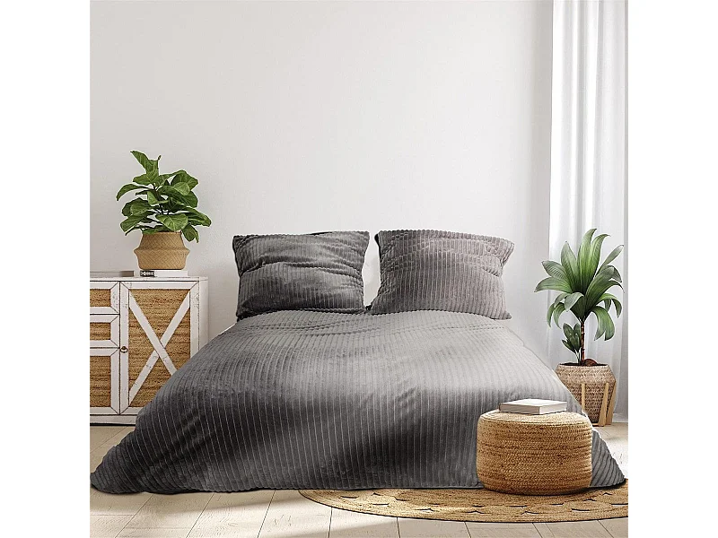 Parure de Lit 220x240cm Côtelée Gris Anthracite - COSYHOME