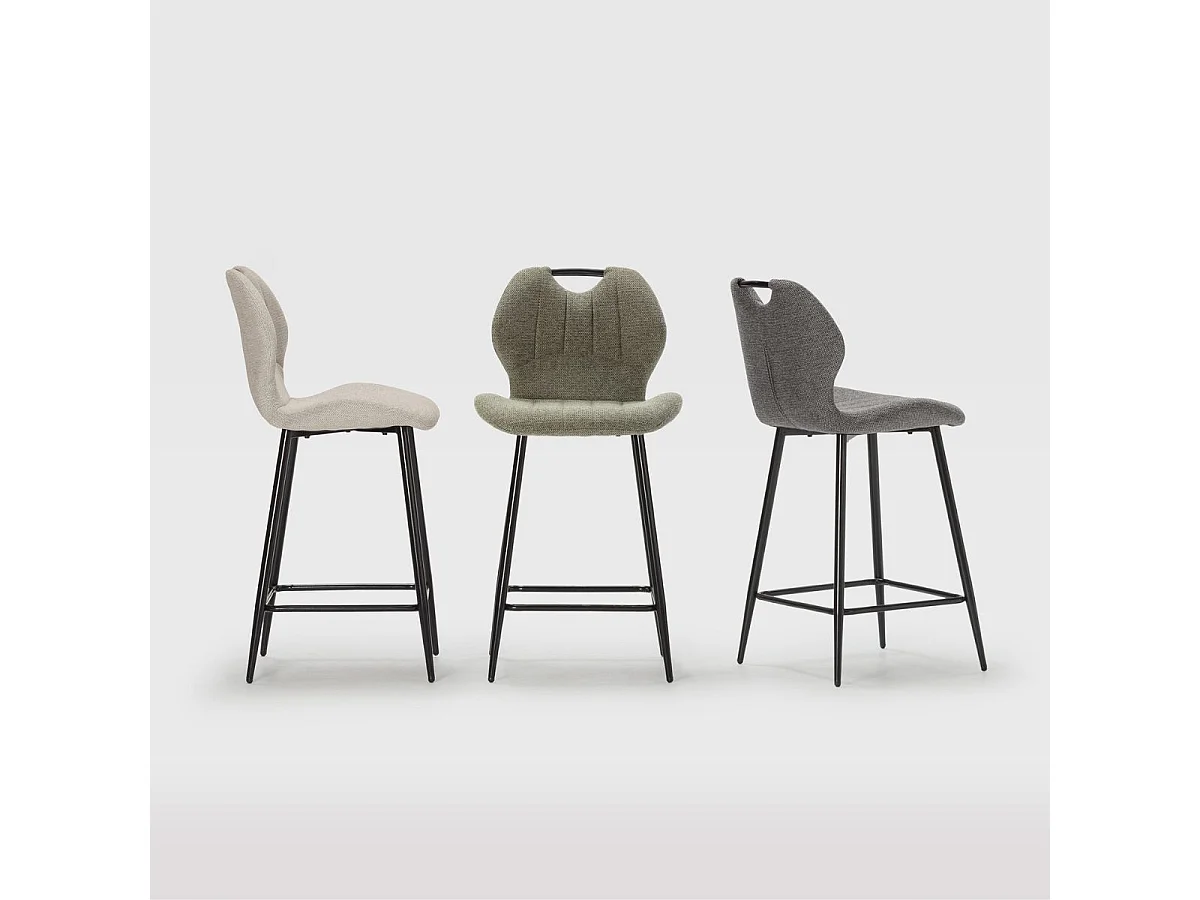 Lot de 2 tabourets de bar en tissu polyester maillé vert avec poignée et pieds en métal laqué noir - MILDA