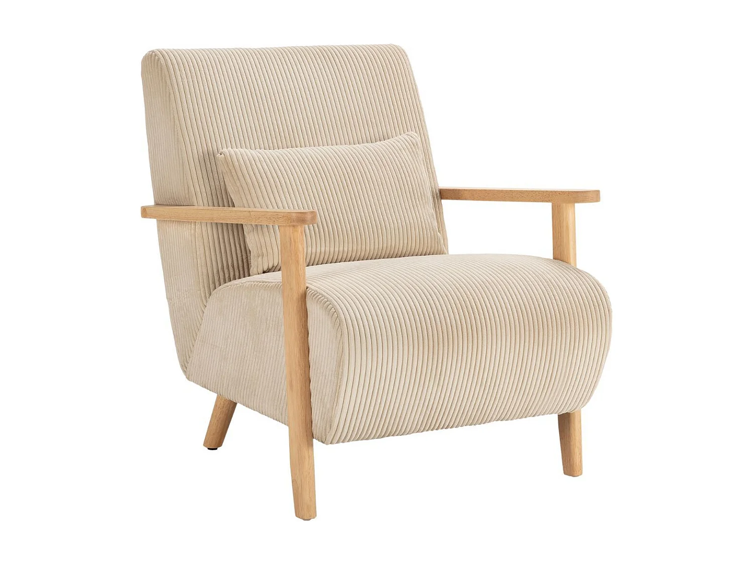 Fauteuil en velours côtelé beige vintage avec accoudoirs et pieds en chêne naturel - BONIFACE