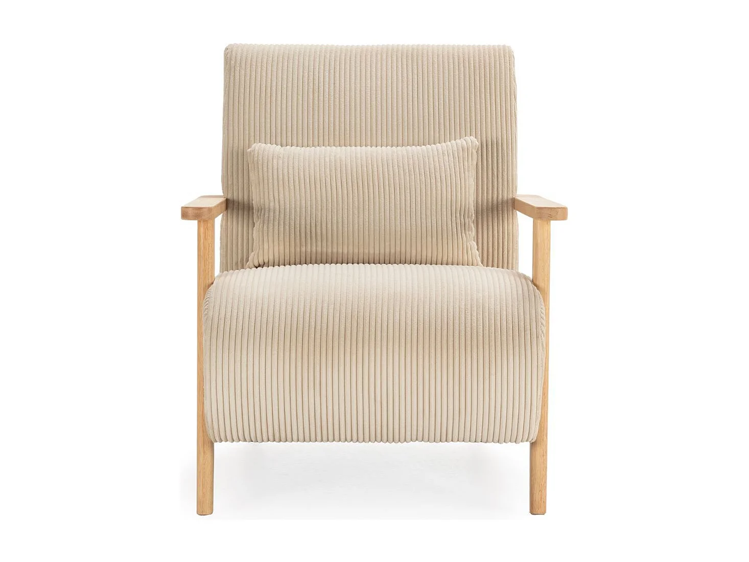 Fauteuil en velours côtelé beige vintage avec accoudoirs et pieds en chêne naturel - BONIFACE