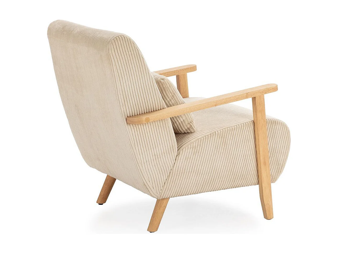Fauteuil en velours côtelé beige vintage avec accoudoirs et pieds en chêne naturel - BONIFACE