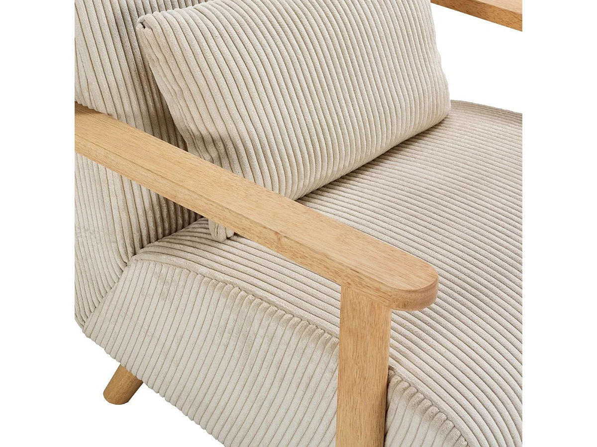 Fauteuil en velours côtelé beige vintage avec accoudoirs et pieds en chêne naturel - BONIFACE