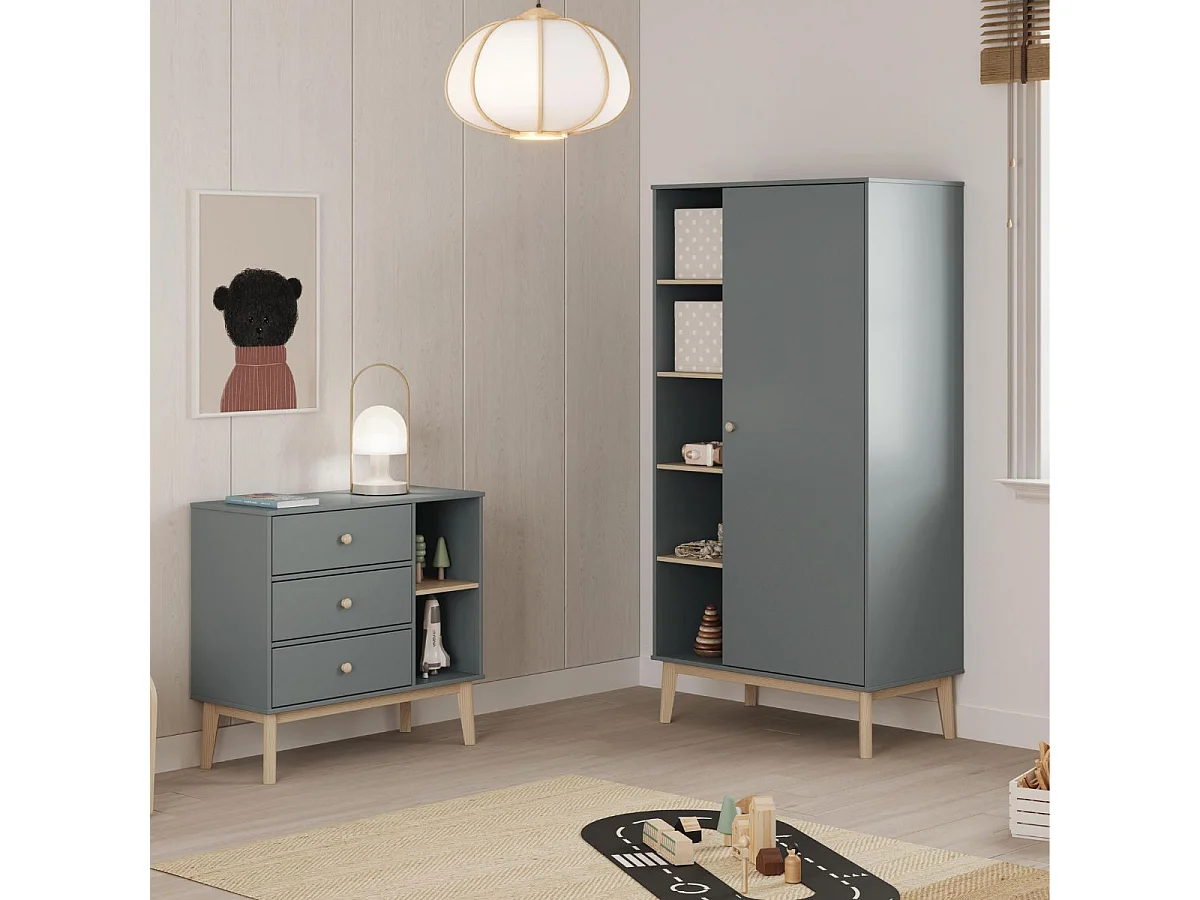 Penderie 1 porte et 4 niches en pin massif et MDF laqué vert kaki et naturel - KAINA