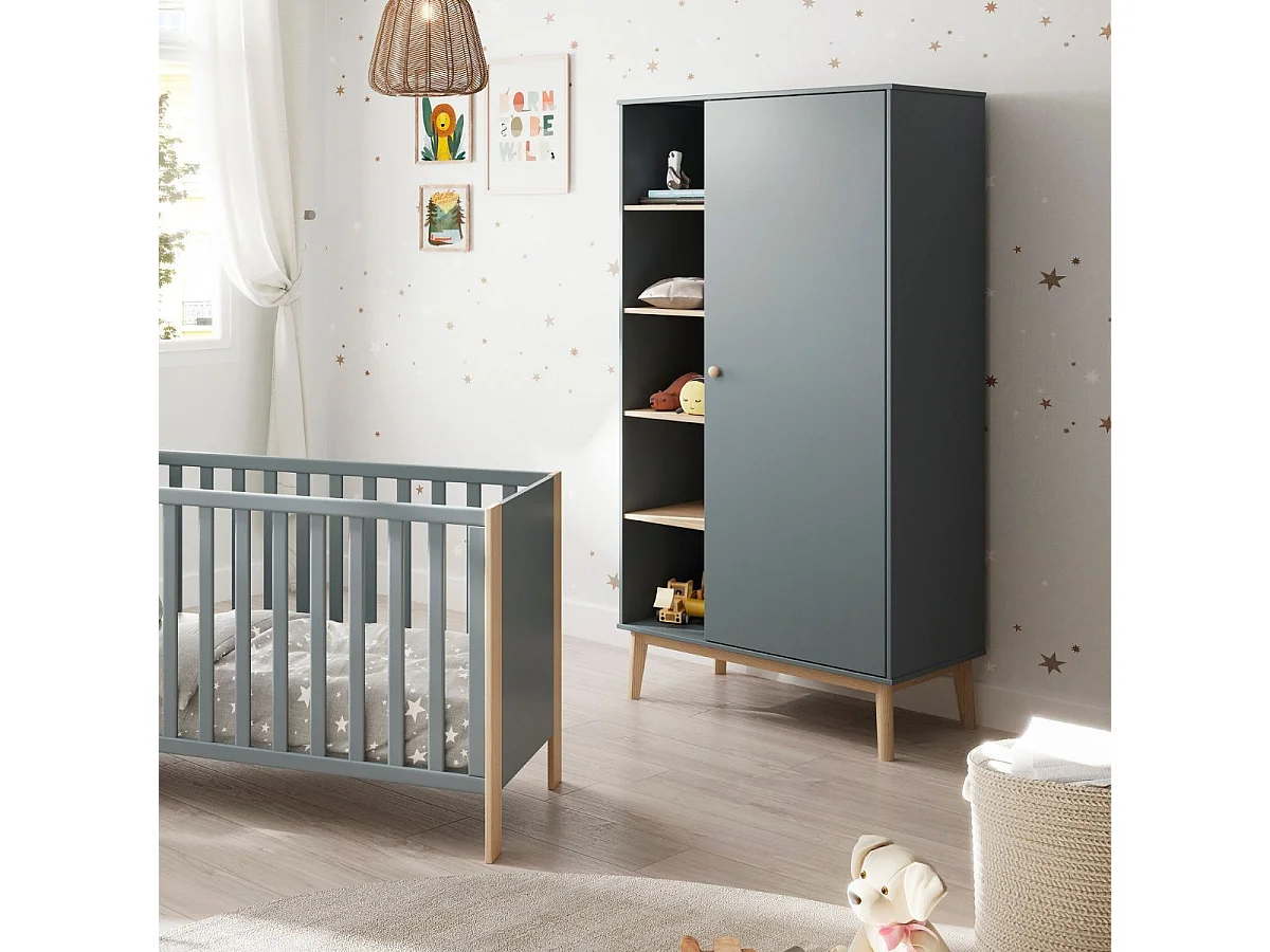 Penderie 1 porte et 4 niches en pin massif et MDF laqué vert kaki et naturel - KAINA