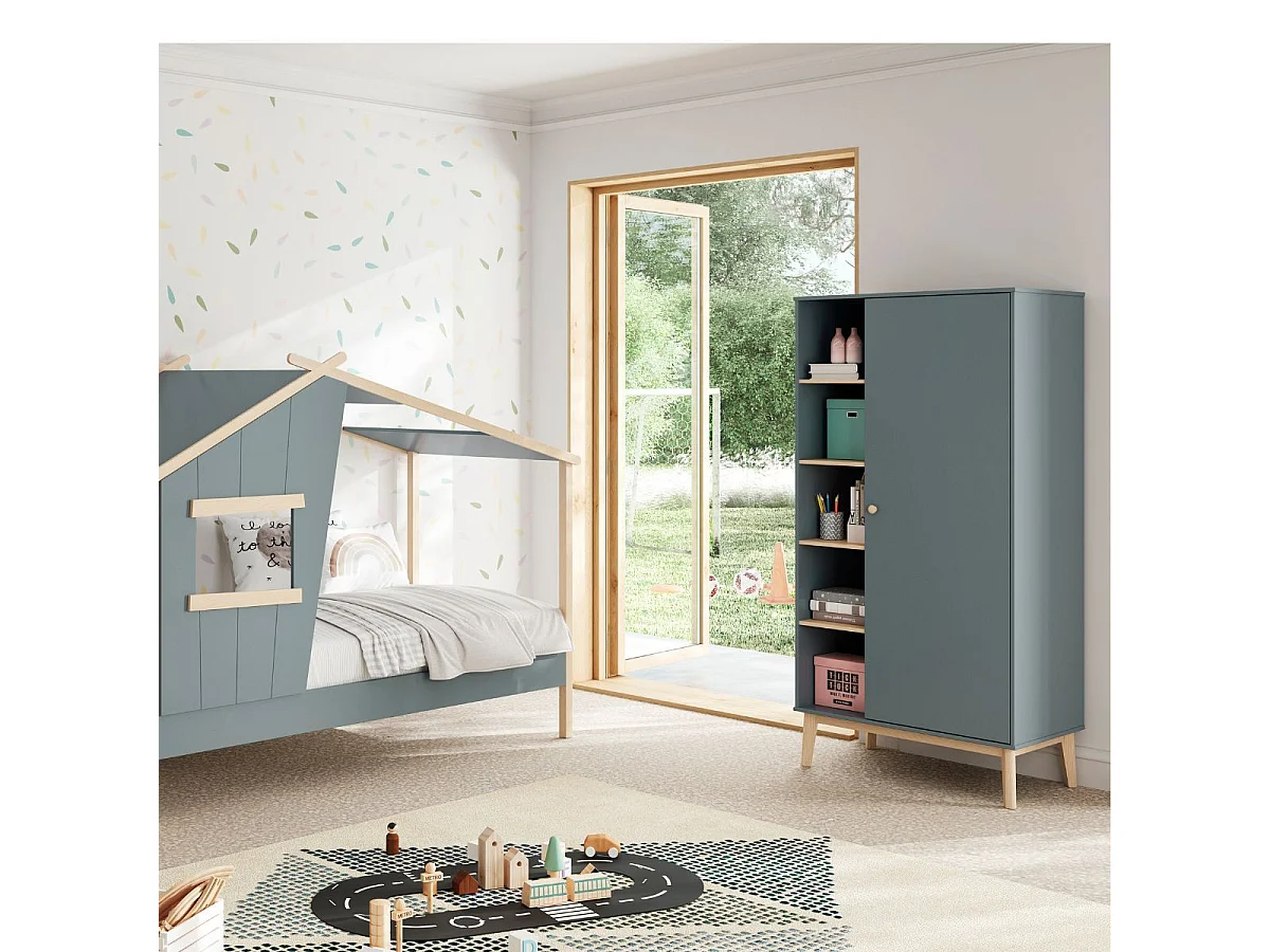 Penderie 1 porte et 4 niches en pin massif et MDF laqué vert kaki et naturel - KAINA