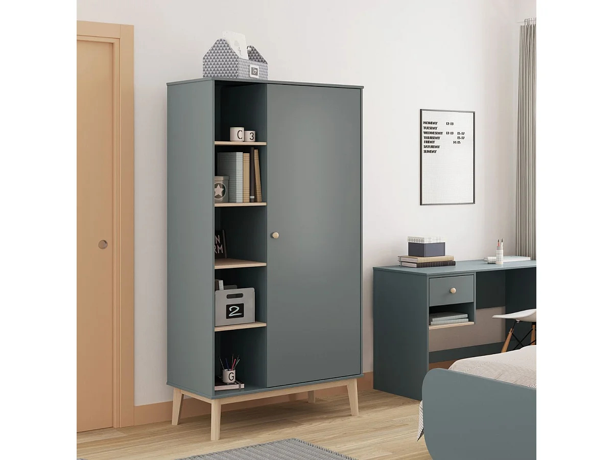 Penderie 1 porte et 4 niches en pin massif et MDF laqué vert kaki et naturel - KAINA