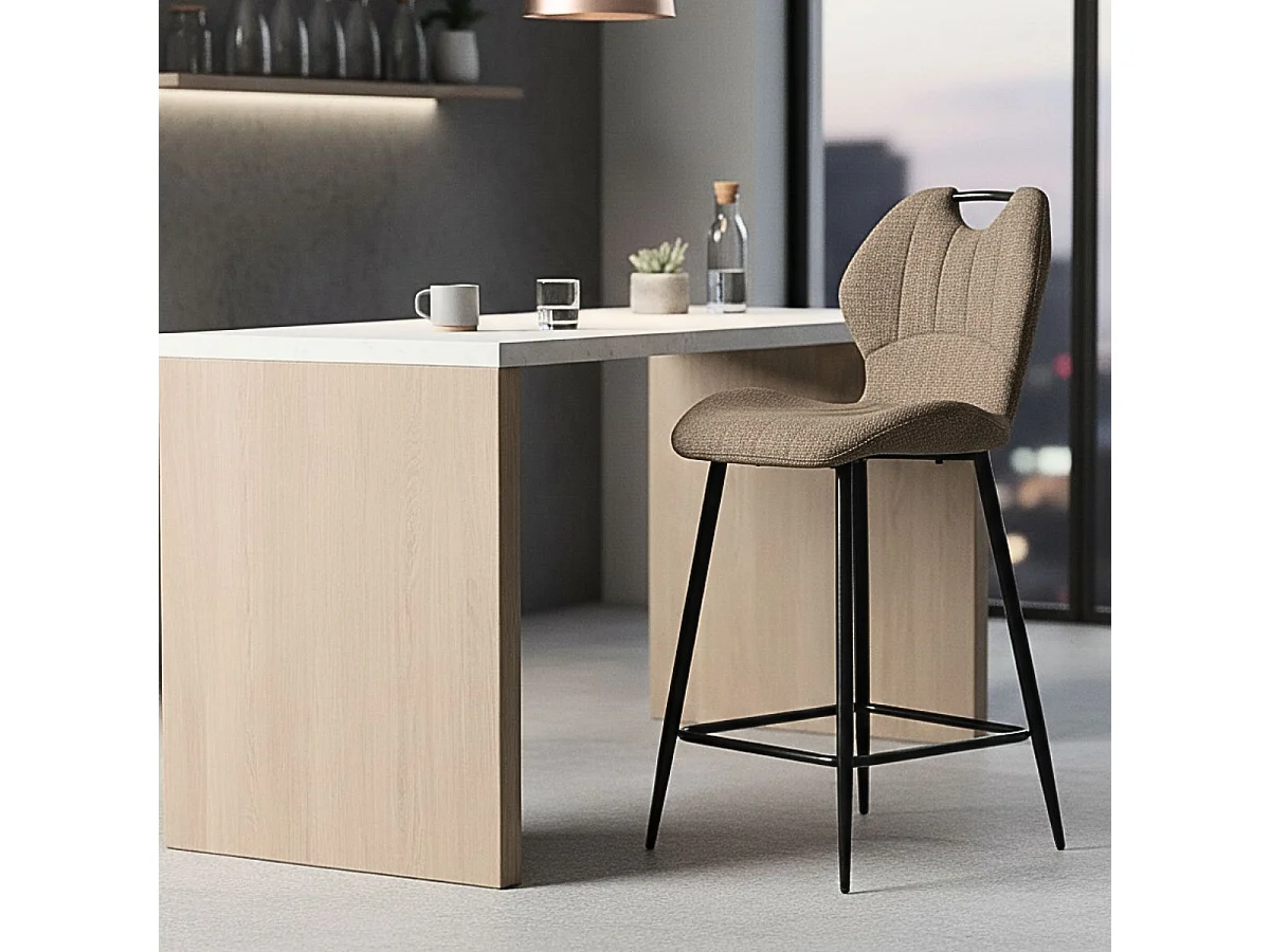 Lot de 2 tabourets de bar en tissu polyester maillé brun avec poignée et pieds en métal laqué noir - MILDA