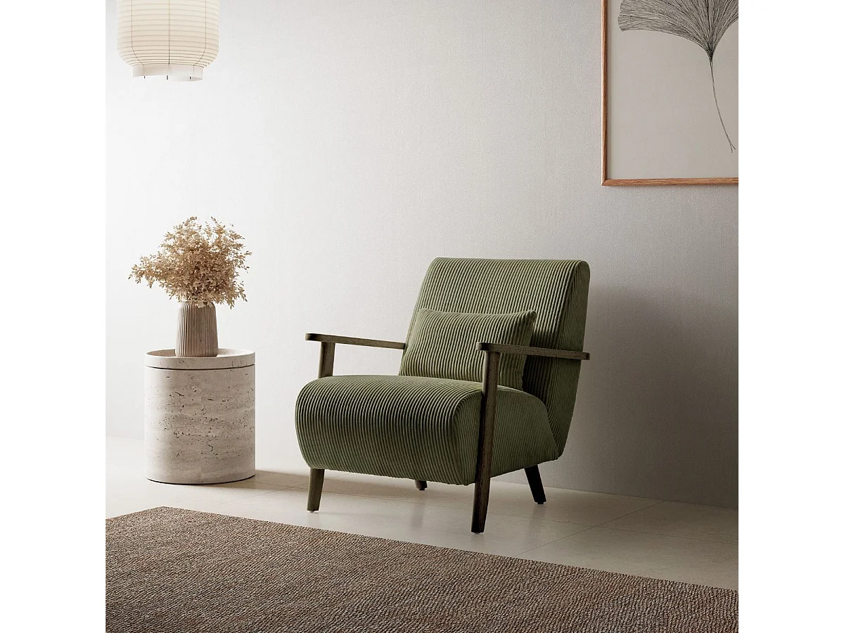 Fauteuil en velours côtelé vert vintage avec accoudoirs et pieds en chêne foncé - BONIFACE