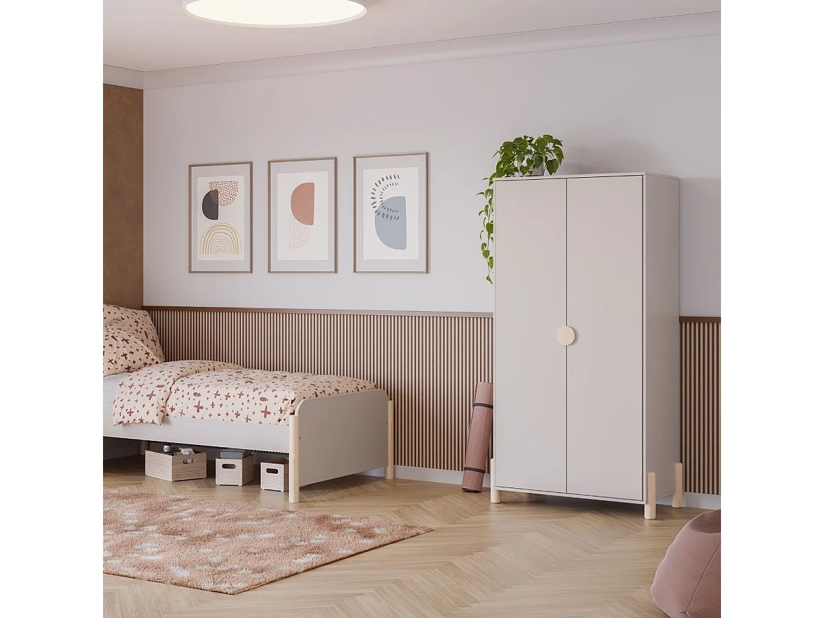 Penderie 2 portes en MDF et pin massif laqué crème pieds en pin naturel - ENORA