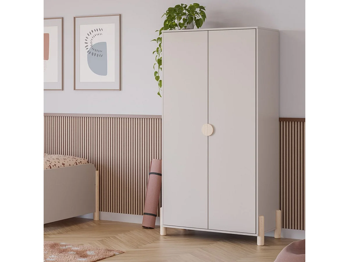 Penderie 2 portes en MDF et pin massif laqué crème pieds en pin naturel - ENORA