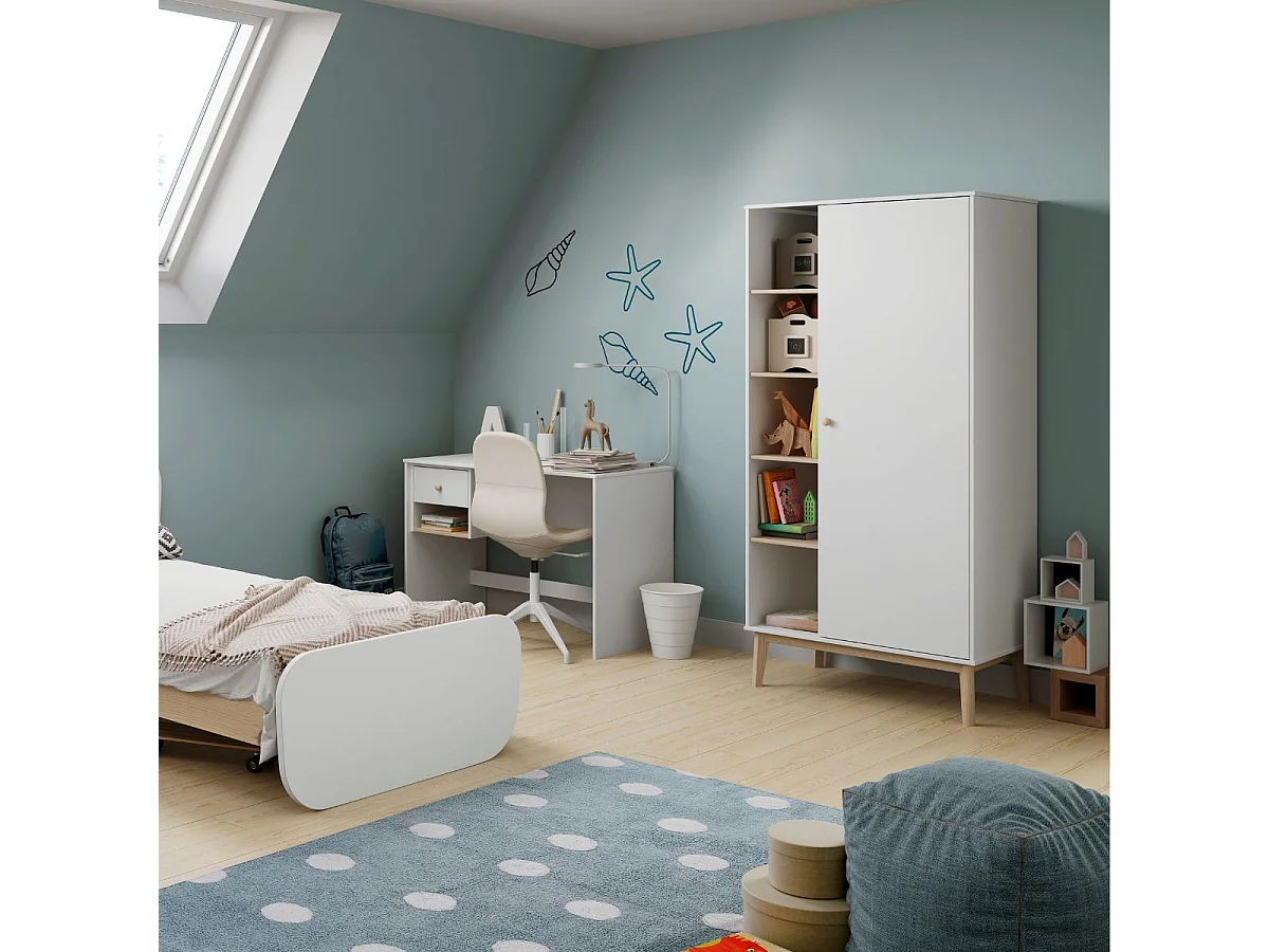 Penderie 1 porte et 4 niches en pin massif et MDF laqué blanc et naturel - KAINA