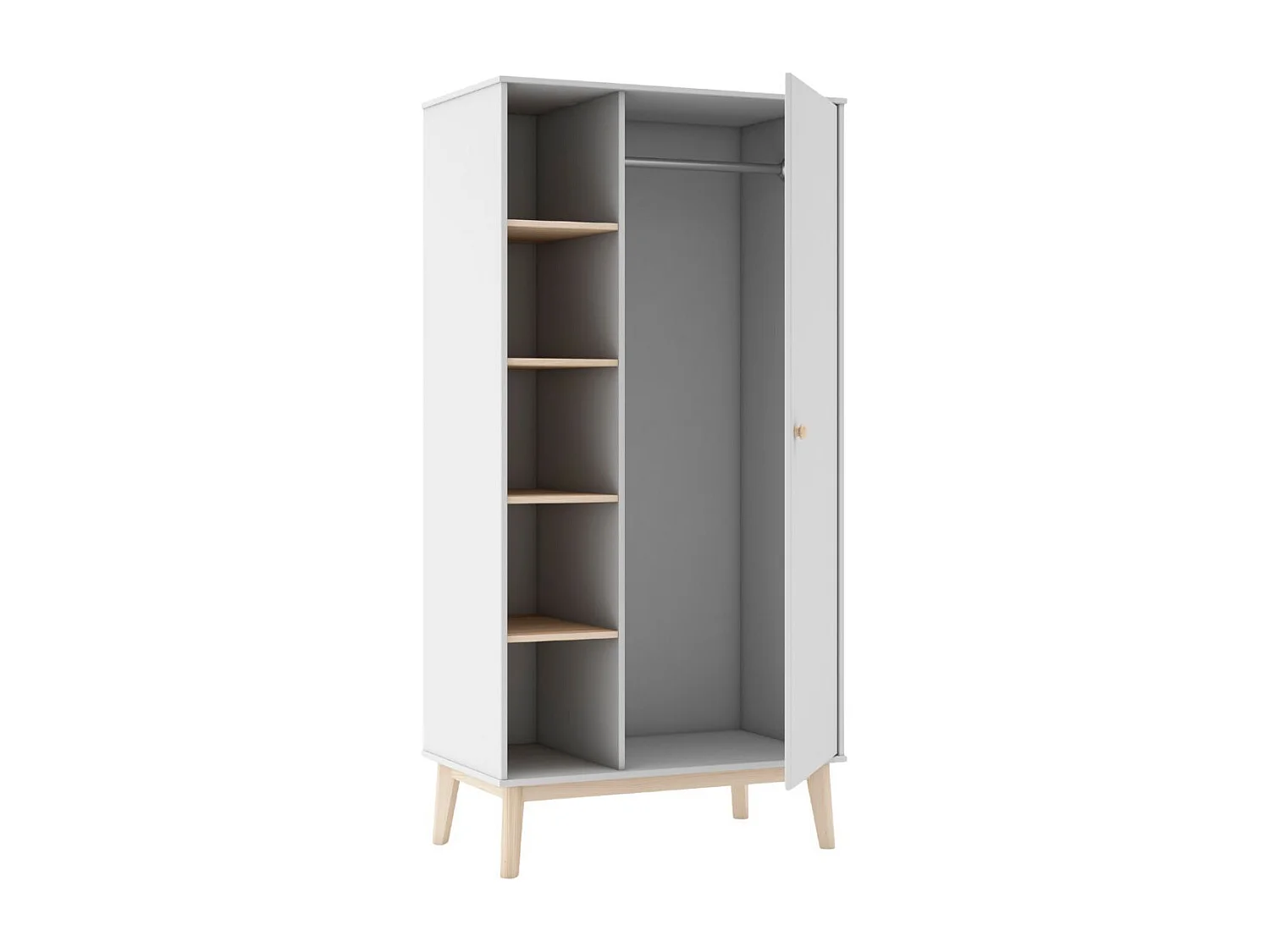 Penderie 1 porte et 4 niches en pin massif et MDF laqué blanc et naturel - KAINA