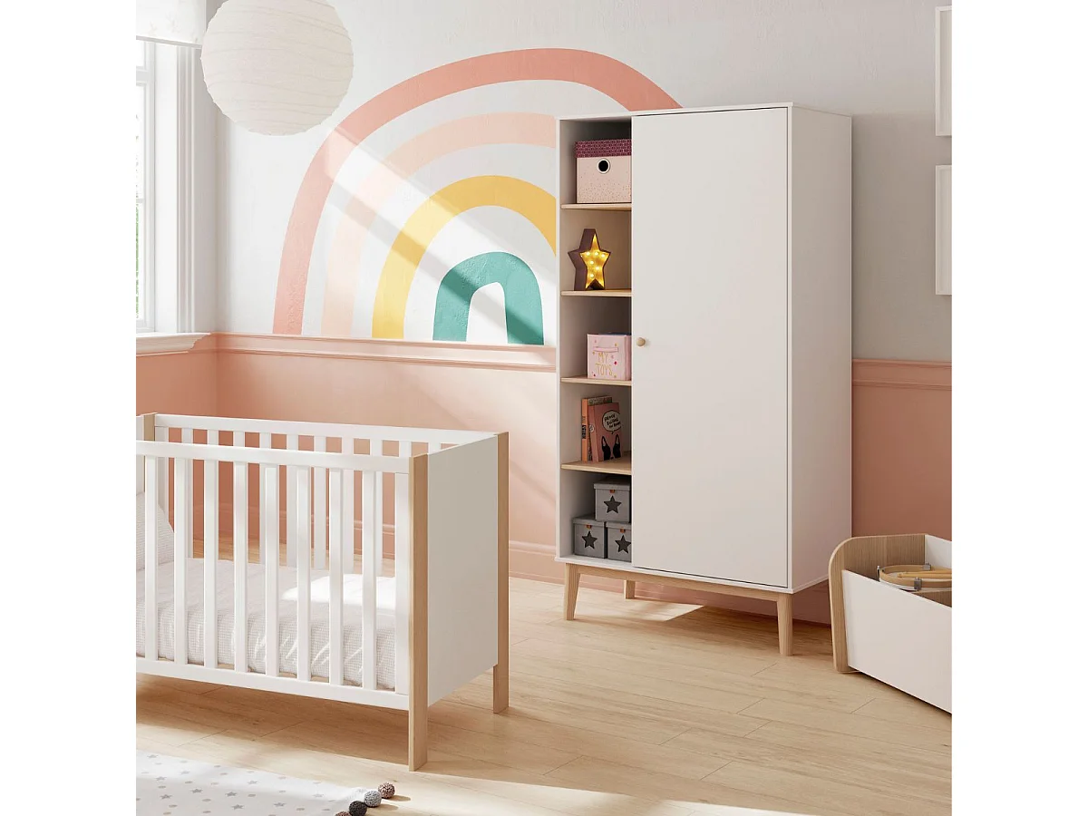 Penderie 1 porte et 4 niches en pin massif et MDF laqué blanc et naturel - KAINA