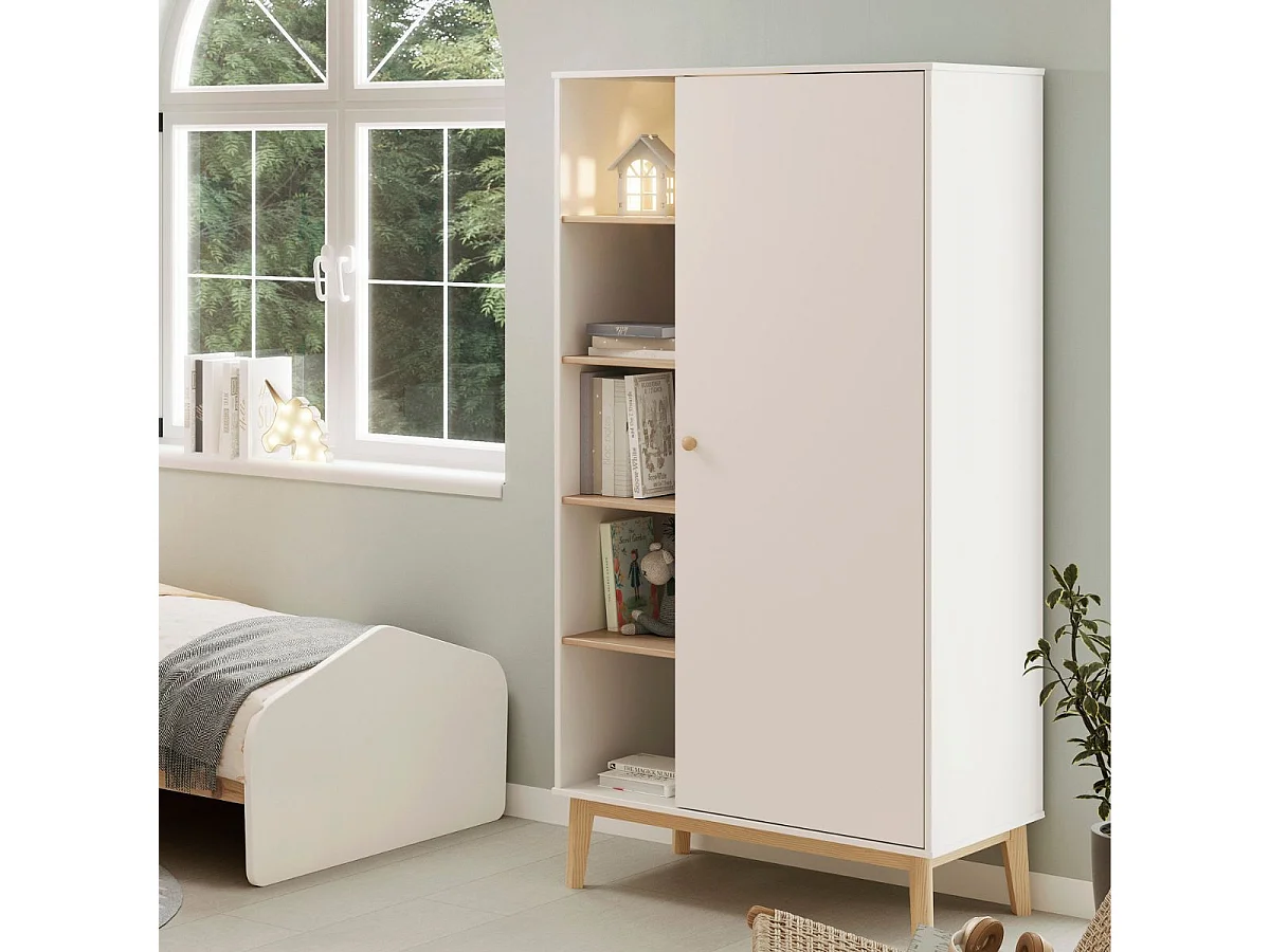 Penderie 1 porte et 4 niches en pin massif et MDF laqué blanc et naturel - KAINA