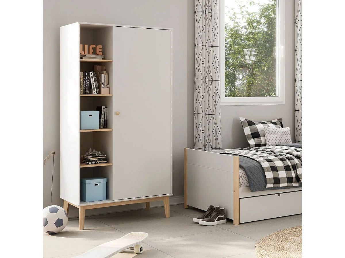 Penderie 1 porte et 4 niches en pin massif et MDF laqué blanc et naturel - KAINA