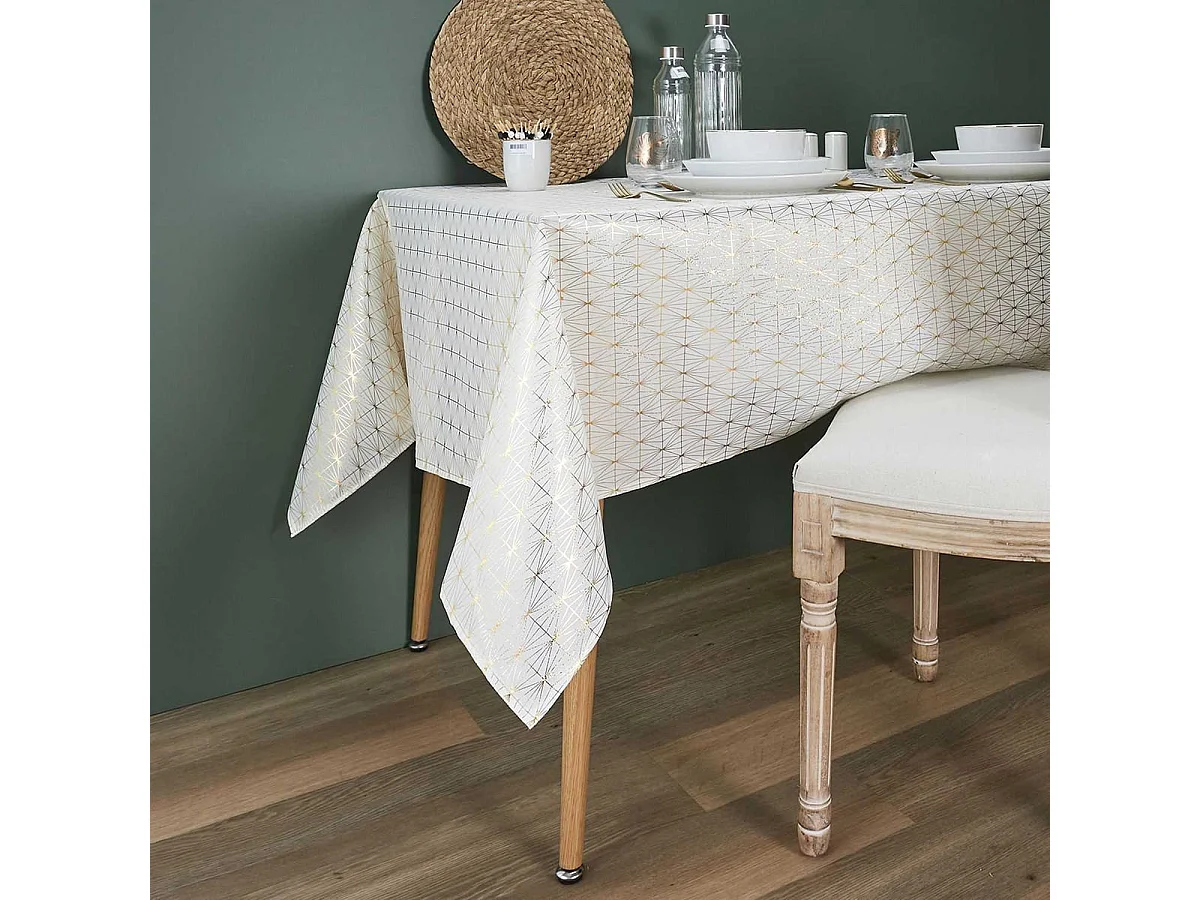 Nappe Blanche Motifs Géométriques Dorés 140x250cm - SOLINA