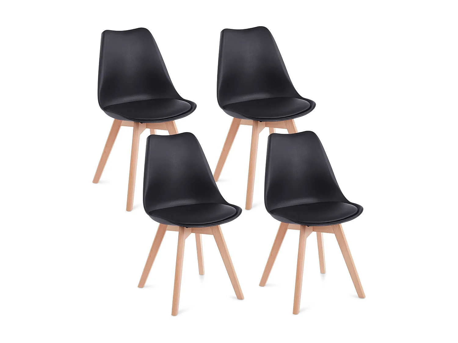 Lot de 4 chaises de salle à manger ABBY style scandinave design nordique piètement bois massif, siège coque en plastique noir