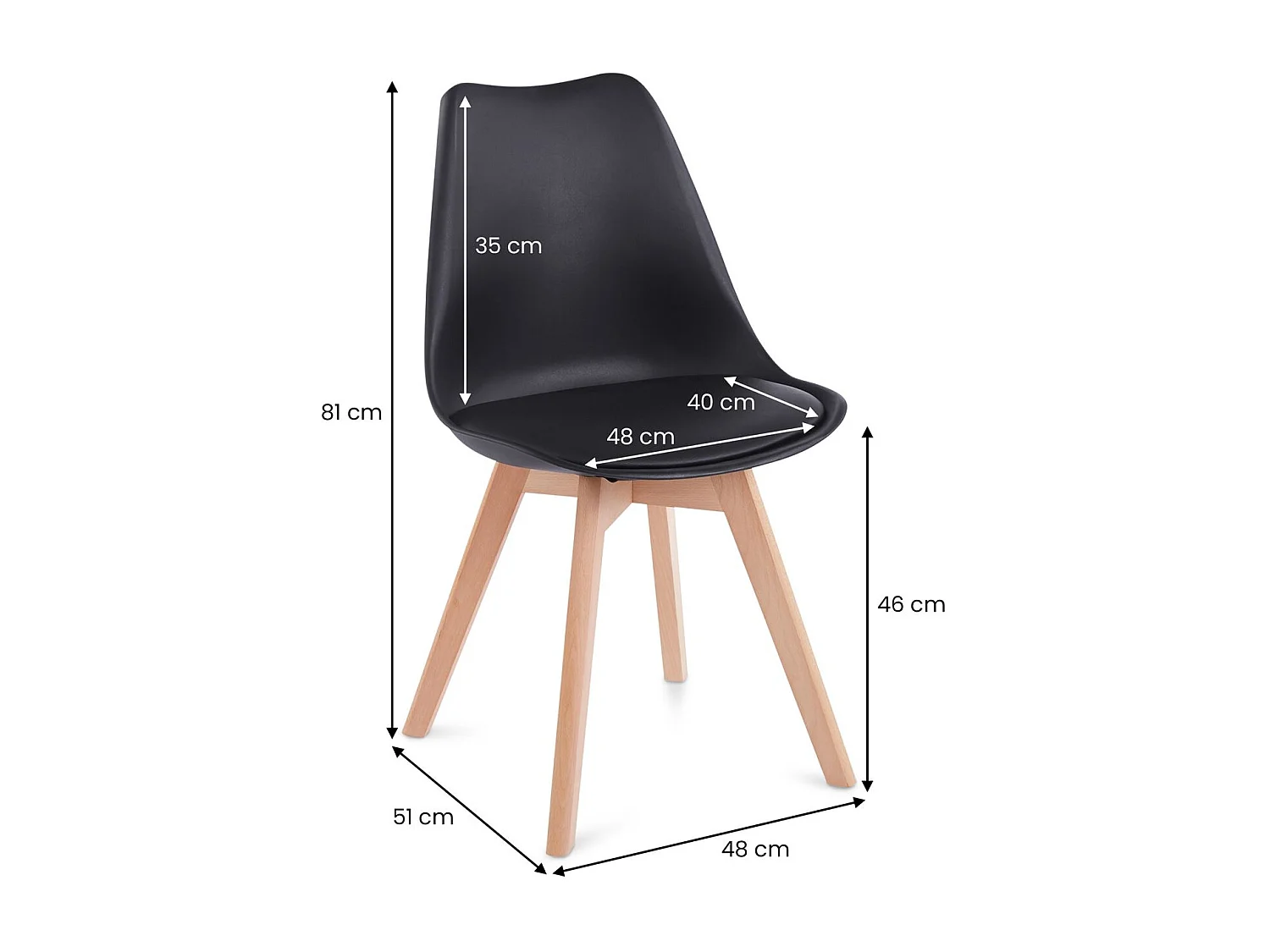 Lot de 4 chaises de salle à manger ABBY style scandinave design nordique piètement bois massif, siège coque en plastique noir