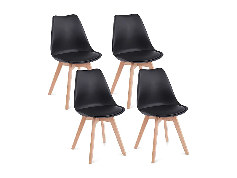 Lot de 4 chaises de salle à manger ABBY style scandinave design nordique piètement bois massif, siège coque en plastique noir