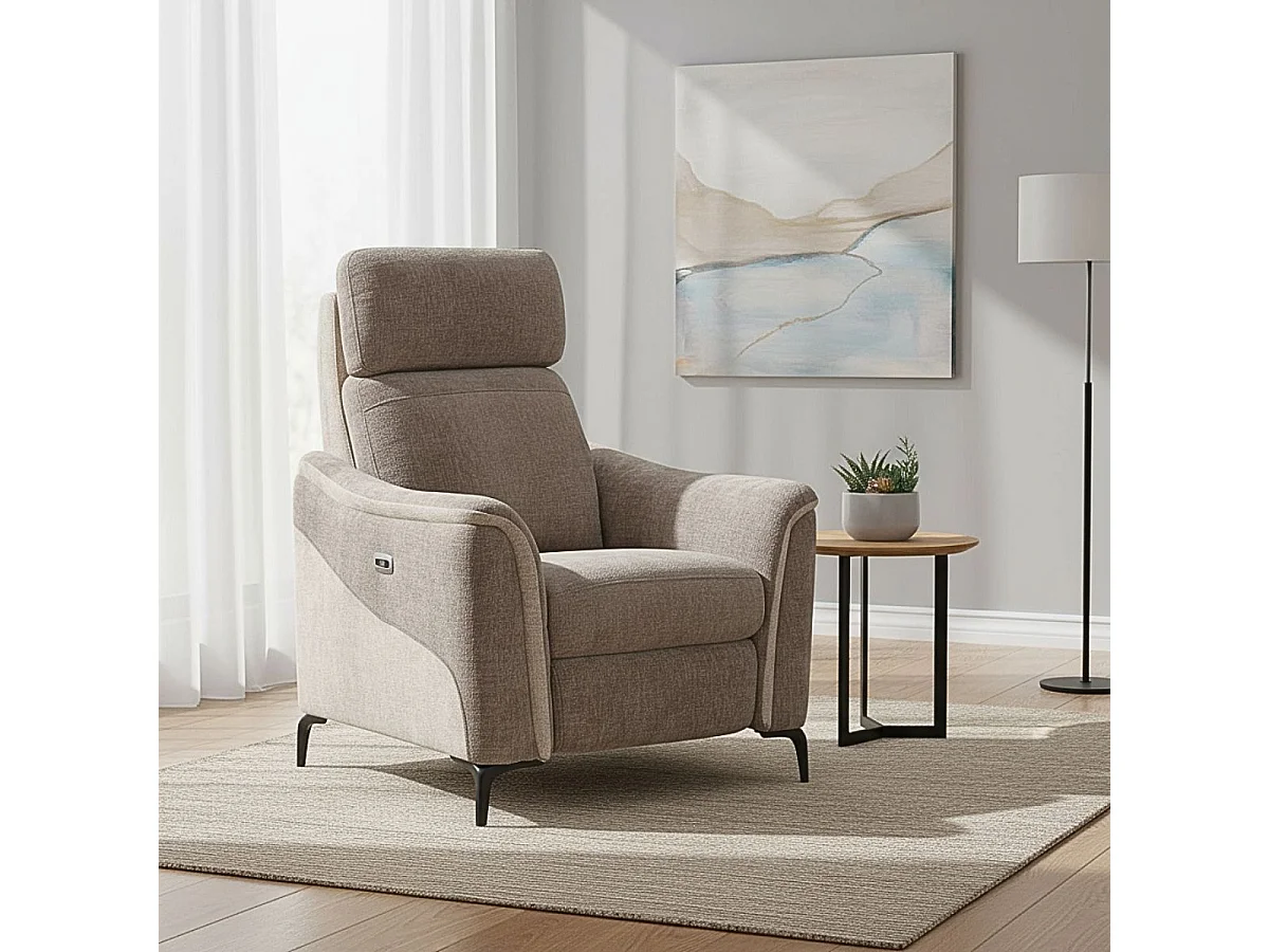 Fauteuil relax électrique tissu maillé ultra doux bicolore moka et beige - SOLLYS