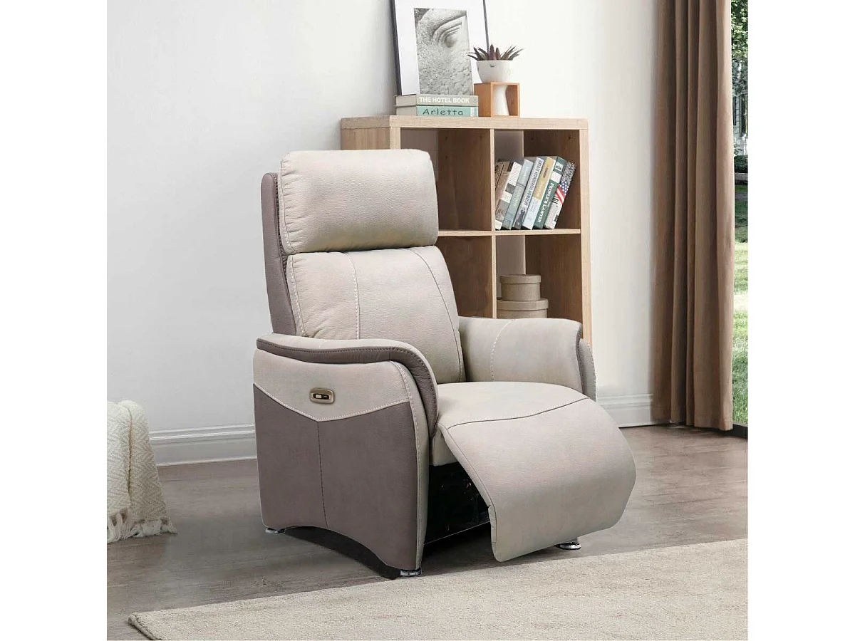 Fauteuil relax électrique tissu micro peau brun taupe et beige mastic - SANGY