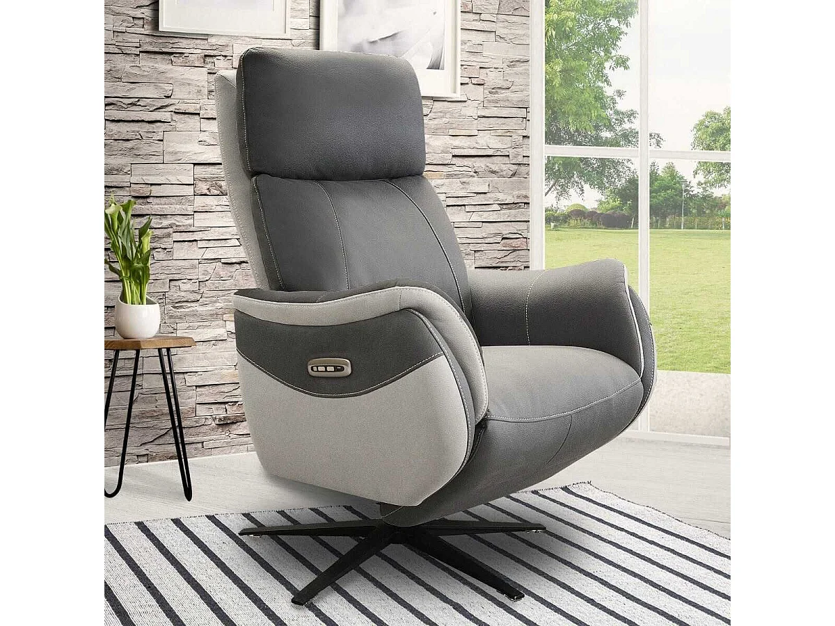 Fauteuil relax électrique pivotant tissu micro grain gris plomb et gris perle - SANGY