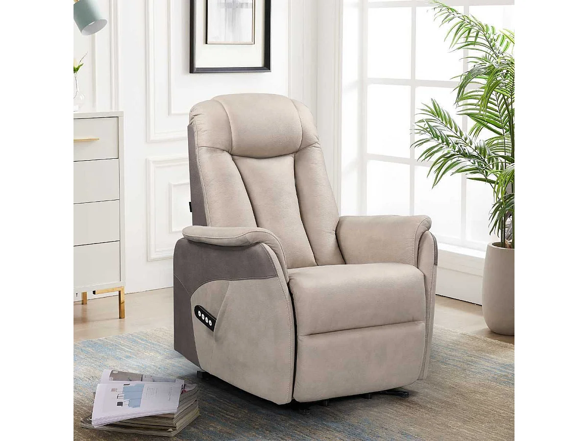 Fauteuil relax électrique releveur bi-moteur tissu micro peau mastic et brun taupe - NEDIA