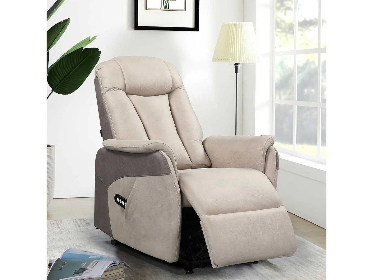 Fauteuil relax électrique releveur bi-moteur tissu micro peau mastic et brun taupe - NEDIA