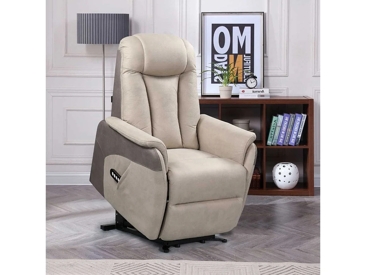 Fauteuil relax électrique releveur bi-moteur tissu micro peau mastic et brun taupe - NEDIA