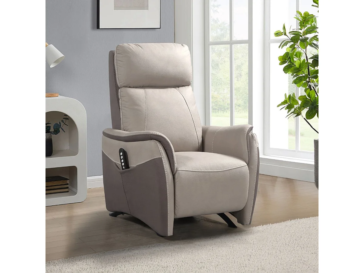 Fauteuil relax électrique releveur tissu micro peau brun taupe et beige mastic - SANGY
