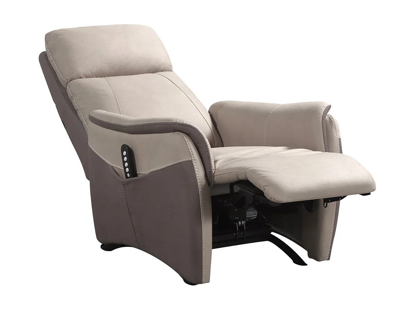 Fauteuil relax électrique releveur tissu micro peau brun taupe et beige mastic - SANGY
