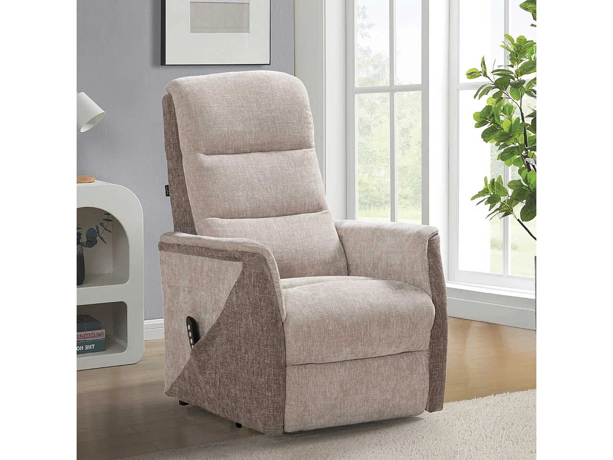 Fauteuil relax électrique releveur bi-moteur tissu maillé bicolore beige spécial petite taille - KLEIN