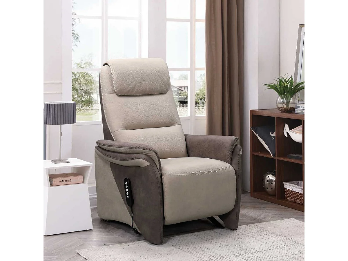 Fauteuil relax électrique releveur tissu micro peau brun et mastic - NADIR