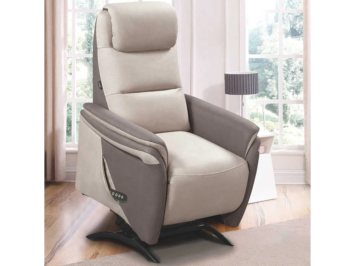 Fauteuil relax électrique releveur tissu micro peau brun et mastic - NADIR