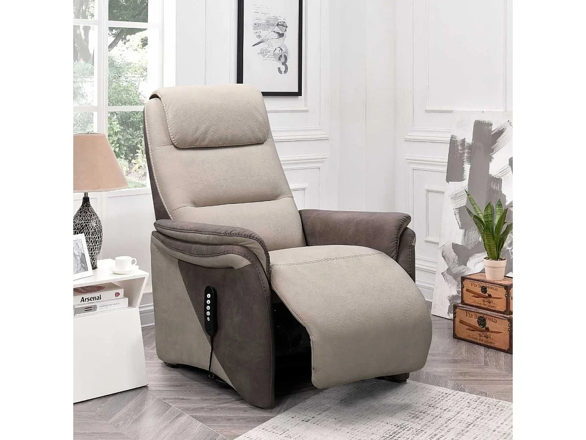 Fauteuil relax électrique releveur tissu micro peau brun et mastic - NADIR