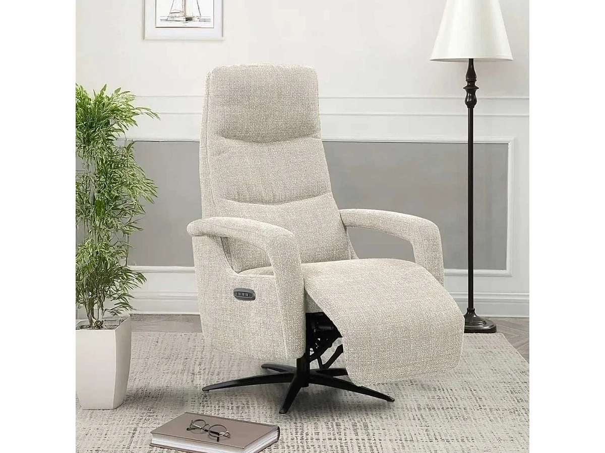 Fauteuil relax électrique pivotant tri-moteur tissu croisé naturel réglable en hauteur - PAUWEL