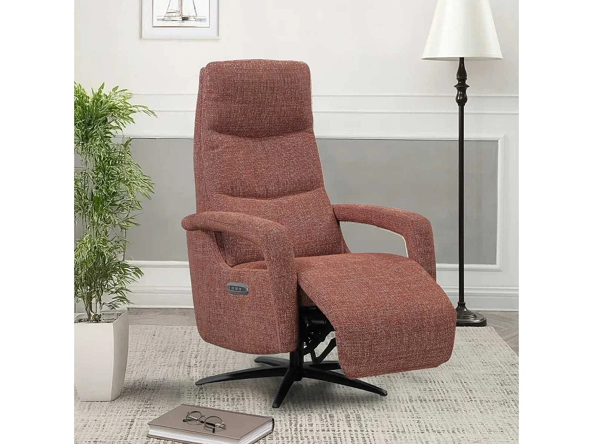 Fauteuil relax électrique pivotant tri-moteur tissu croisé brique réglable en hauteur - PAUWEL