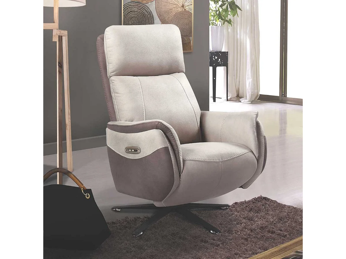 Fauteuil relax électrique pivotant tissu micro peau brun taupe et beige mastic - SANGY