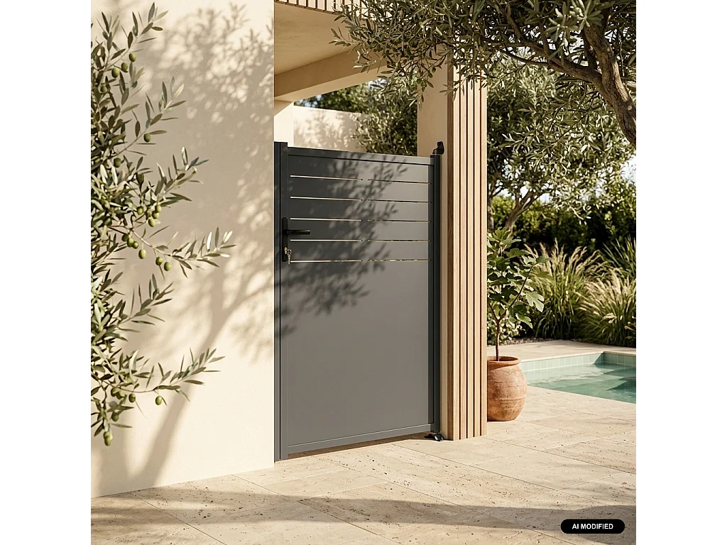 Portillon de jardin acier galvanisé anthracite avec serrure et poignée. fixation mur et sol - Axis