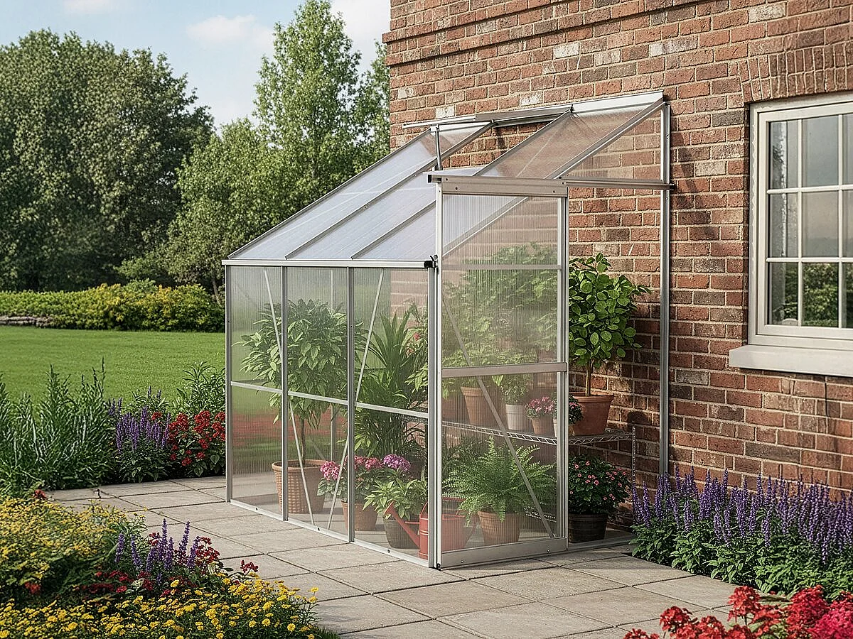 Anlehn-Gewächshaus Aneth aus Polycarbonat 2,37 m², graue Aluminiumstruktur, Schiebetür und Lüftungsfenster