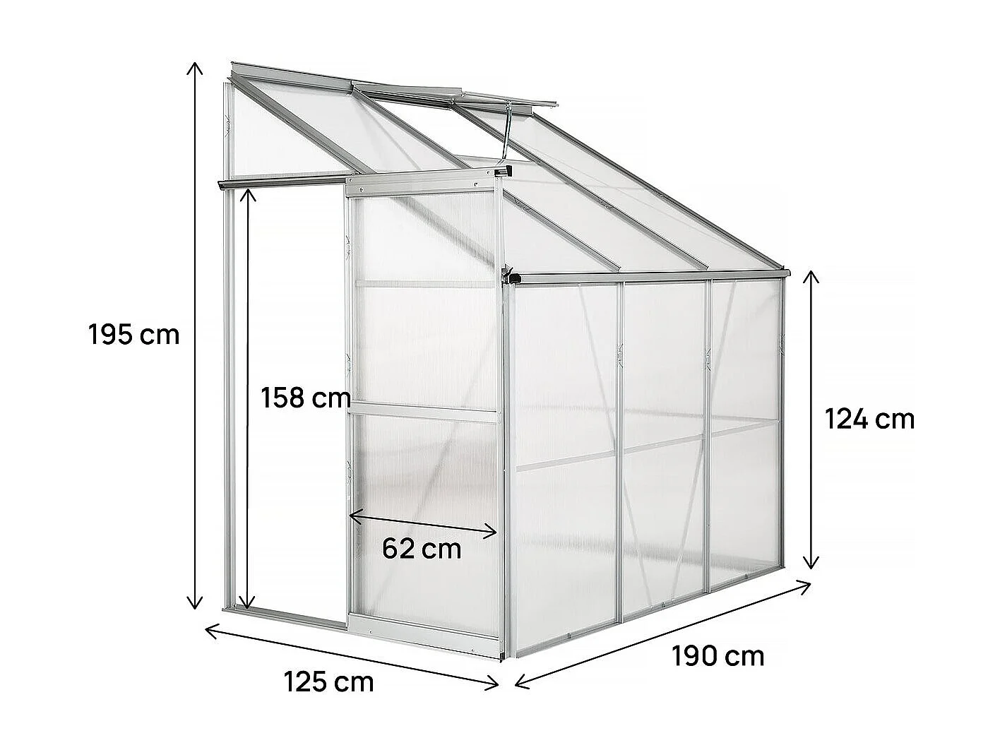 Anlehn-Gewächshaus Aneth aus Polycarbonat 2,37 m², graue Aluminiumstruktur, Schiebetür und Lüftungsfenster